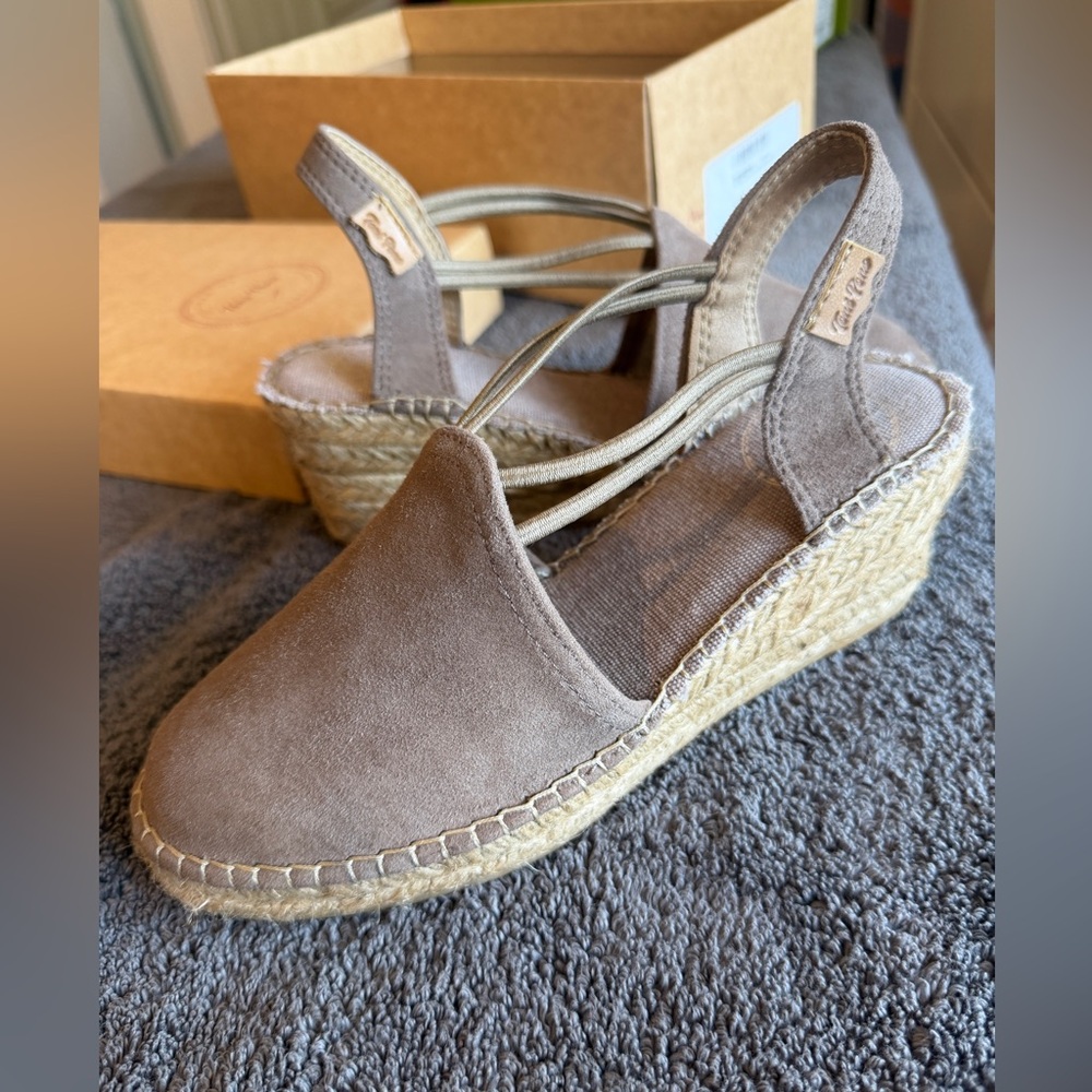 Taupe Suede Tremp Espadrille Wedge Sandals by Toni Pons